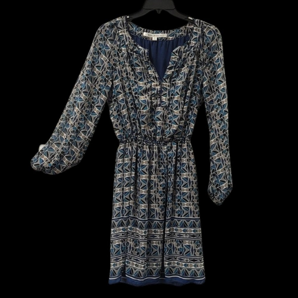 Max Studio Blue Black Grey Geometric Print Blouson Dress